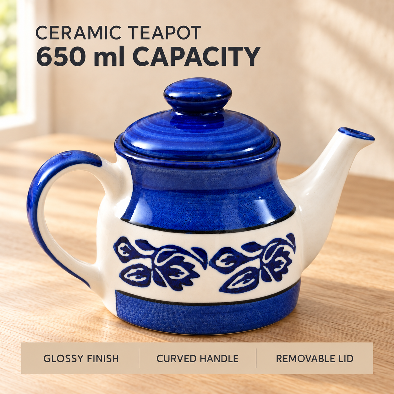 KunhaR Ceramic Teapot with Lid, 650 ml, Blue | Tea & Coffee Serving Pot for Kitchen, Dining & Gifting, 1 Piece - Image 6
