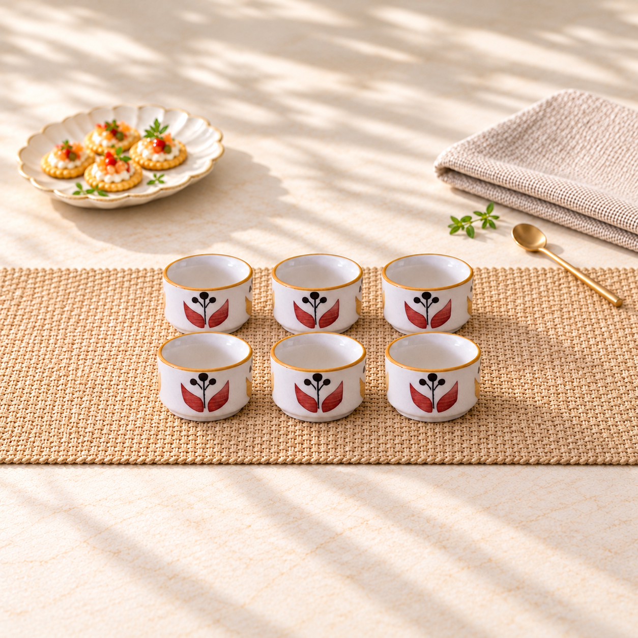 Kunhar Ceramic Sauce Holder - 56 ML, 6 Pieces, White Yellow