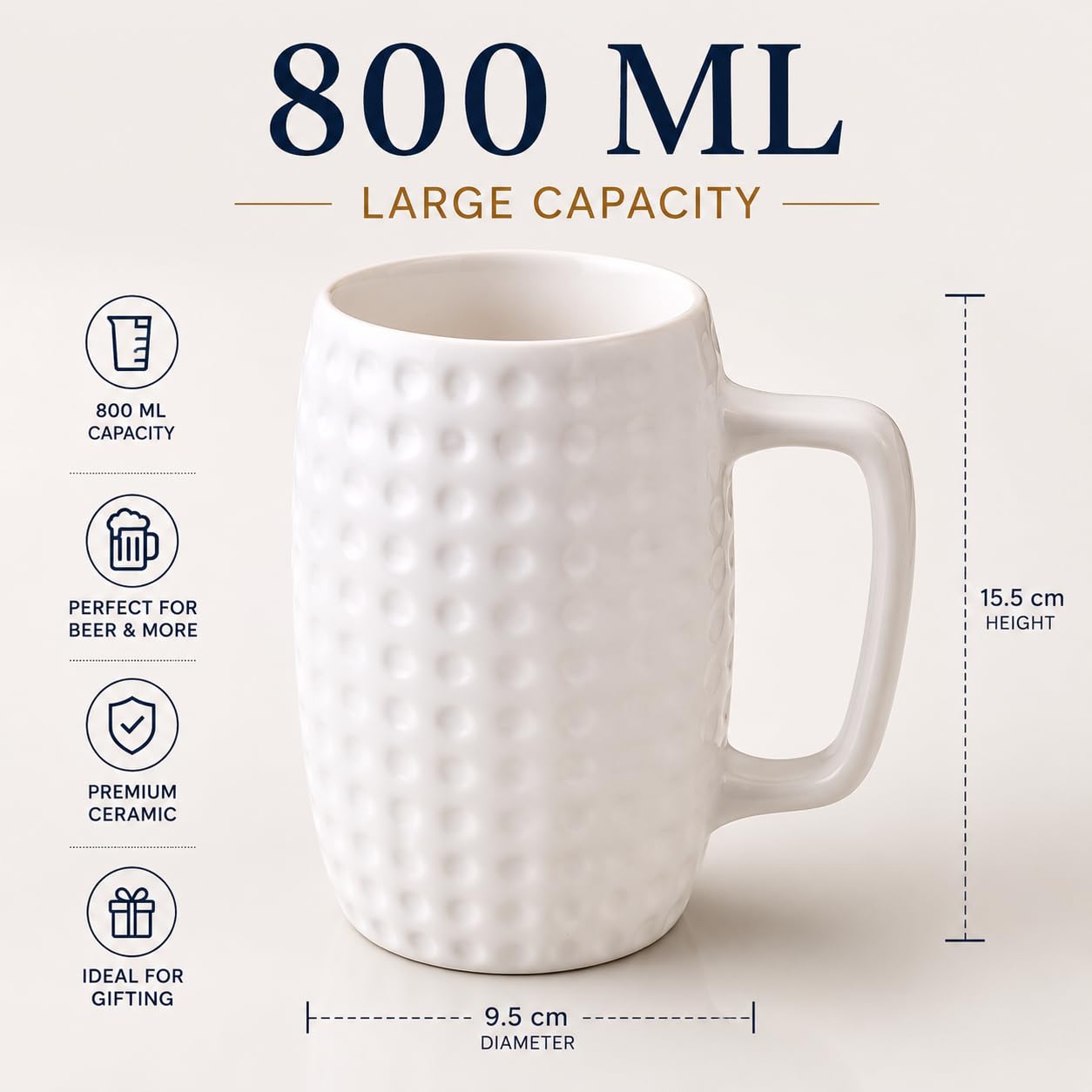 Kunhar Ceramic Beer Mug, 2 Pieces 800 ml, White