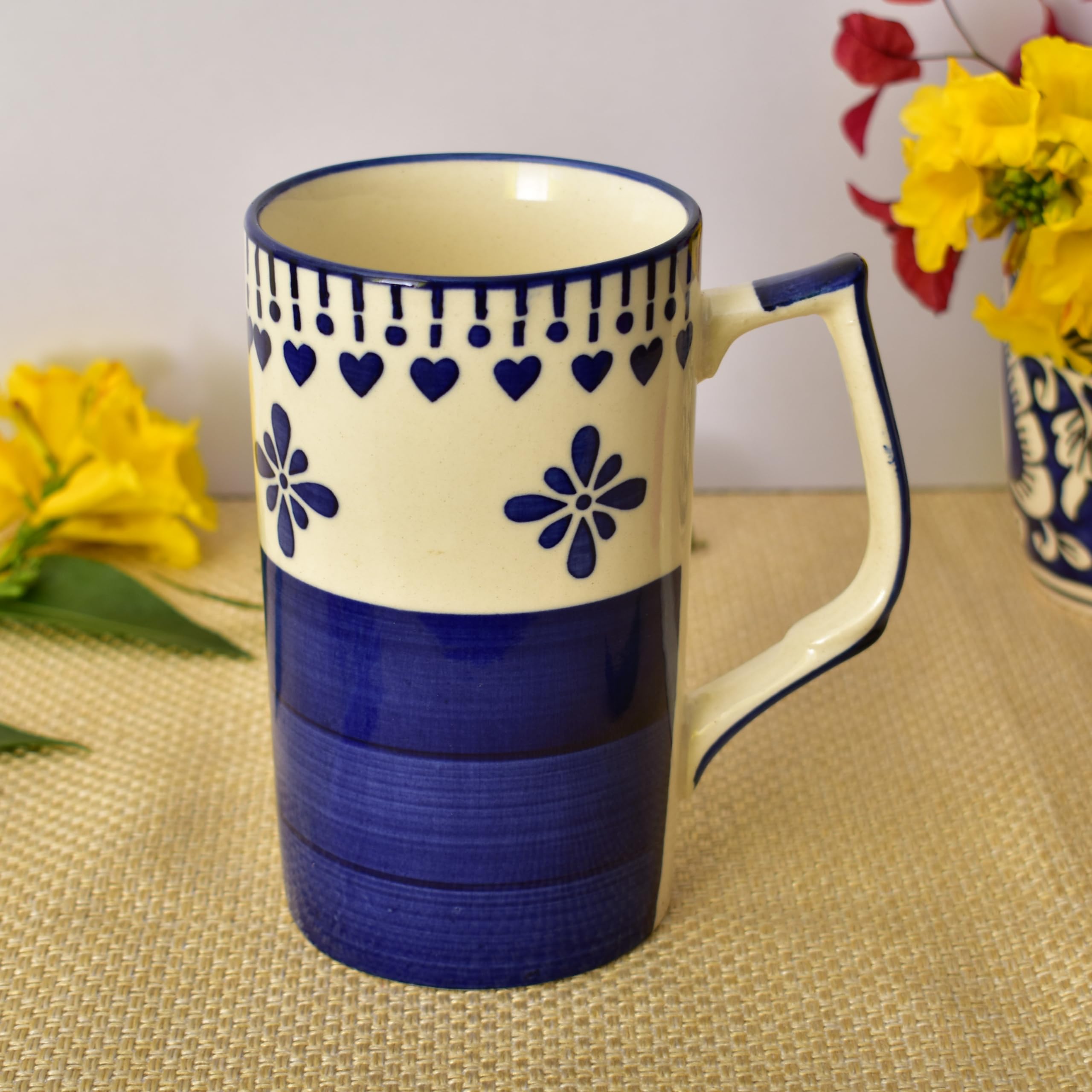 Kunhar Ceramic Beer Mug, Blue Flower, 600 ml, Set of 2