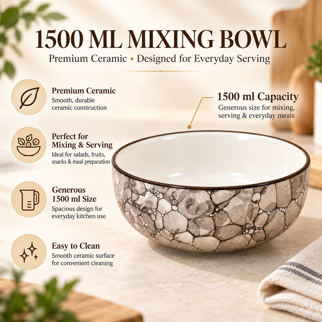 KunhaR Ceramic Serving Bowl 1500 ml, Black Luster | Large Ceramic Bowl for Salad, Pasta, Noodles, Fruits, Curry & Snacks | Premium Tableware Bowl for Kitchen & Dining | 1 Piece