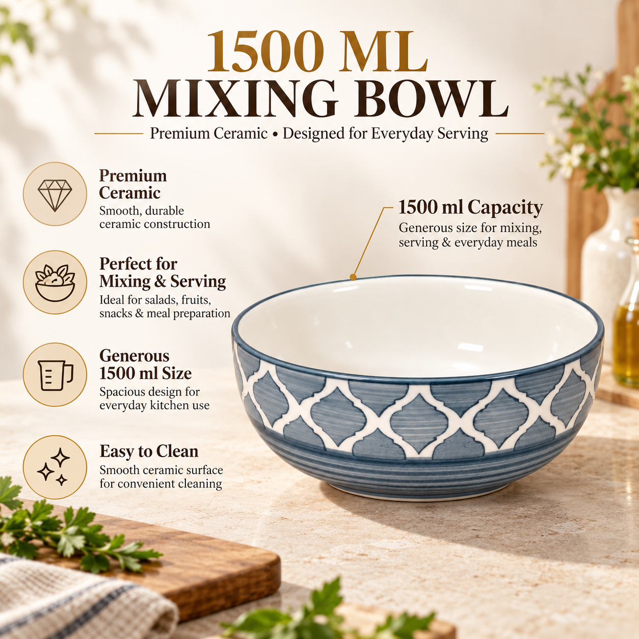 KunhaR Ceramic Serving Bowl 1500 ml, Grey | Large Ceramic Bowl for Salad, Pasta, Noodles, Fruits, Curry & Snacks | Premium Tableware Bowl for Kitchen & Dining | 1 Piece