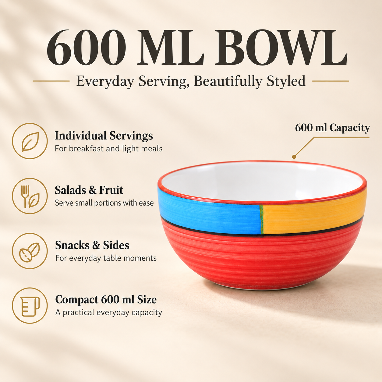 KunhaR Ceramic Serving Bowl, 600 ml, Red, Multipurpose Bowl for Mixing, Serving, Salad, Pasta & Snacks, 1 Piece - Image 7