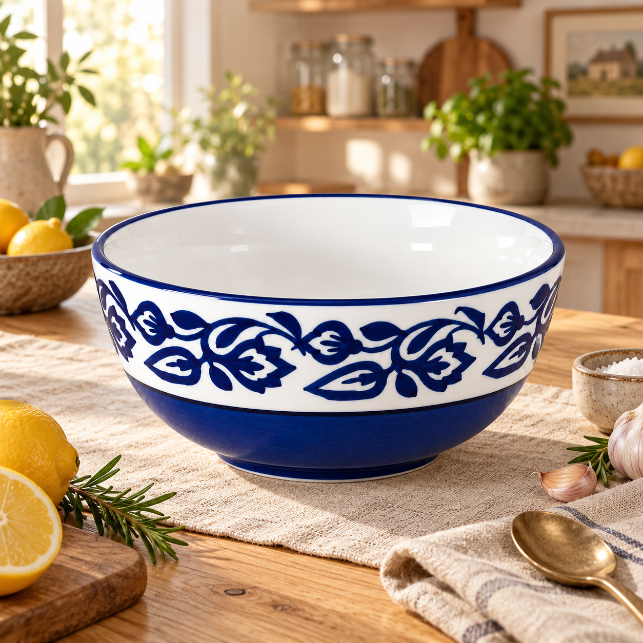 KunhaR Ceramic Serving Bowl 1500 ml, Blue Vine | Large Ceramic Bowl for Salad, Pasta, Noodles, Fruits, Curry & Snacks | Premium Tableware Bowl for Kitchen & Dining | 1 Piece