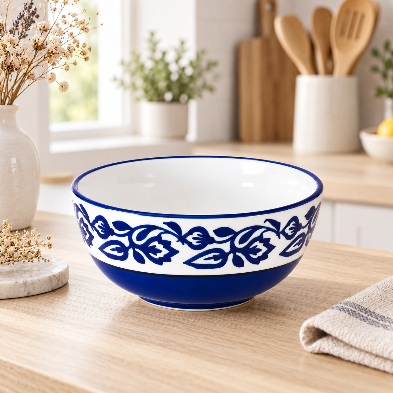 KunhaR Ceramic Serving Bowl 1500 ml, Blue Vine | Large Ceramic Bowl for Salad, Pasta, Noodles, Fruits, Curry & Snacks | Premium Tableware Bowl for Kitchen & Dining | 1 Piece - Image 2