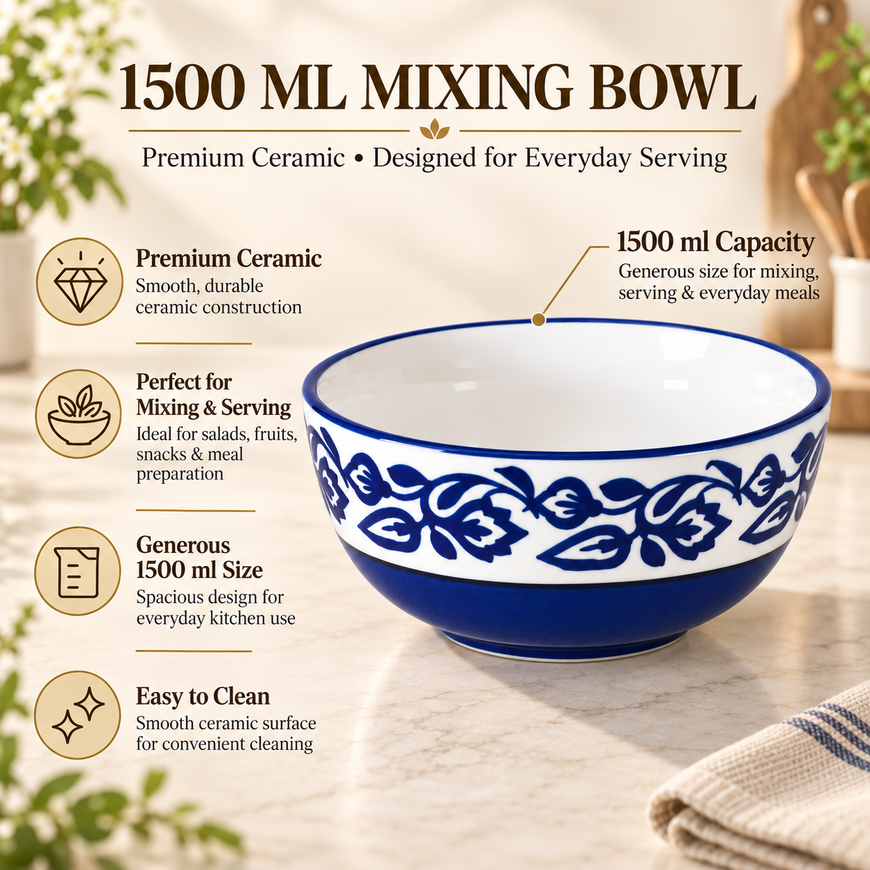 KunhaR Ceramic Serving Bowl 1500 ml, Blue Vine | Large Ceramic Bowl for Salad, Pasta, Noodles, Fruits, Curry & Snacks | Premium Tableware Bowl for Kitchen & Dining | 1 Piece - Image 7
