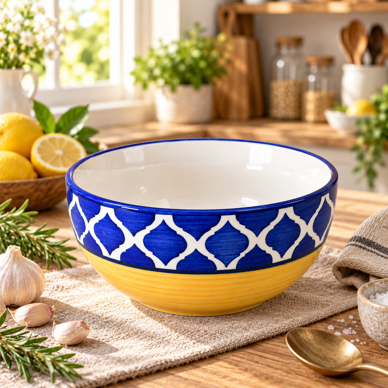 KunhaR Ceramic Serving Bowl 1500 ml, Yellow Blue | Large Ceramic Bowl for Salad, Pasta, Noodles, Fruits, Curry & Snacks | Premium Tableware Bowl for Kitchen & Dining | 1 Piece