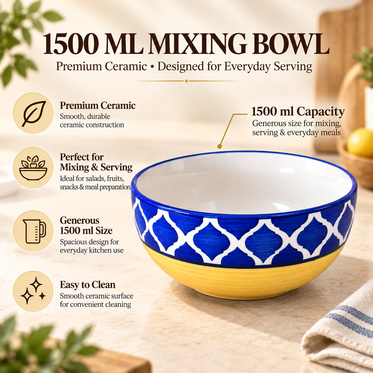 KunhaR Ceramic Serving Bowl 1500 ml, Yellow Blue | Large Ceramic Bowl for Salad, Pasta, Noodles, Fruits, Curry & Snacks | Premium Tableware Bowl for Kitchen & Dining | 1 Piece - Image 7