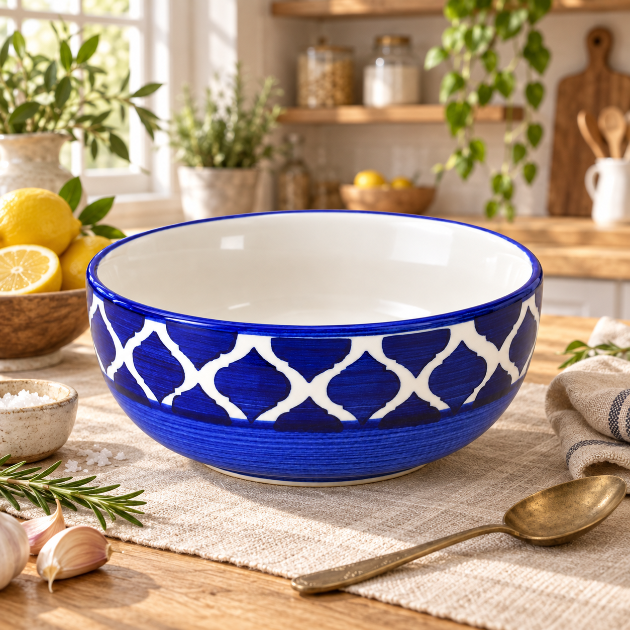 KunhaR Ceramic Serving Bowl 1500 ml, Blue Umrao | Large Ceramic Bowl for Salad, Pasta, Noodles, Fruits, Curry & Snacks | Premium Tableware Bowl for Kitchen & Dining | 1 Piece