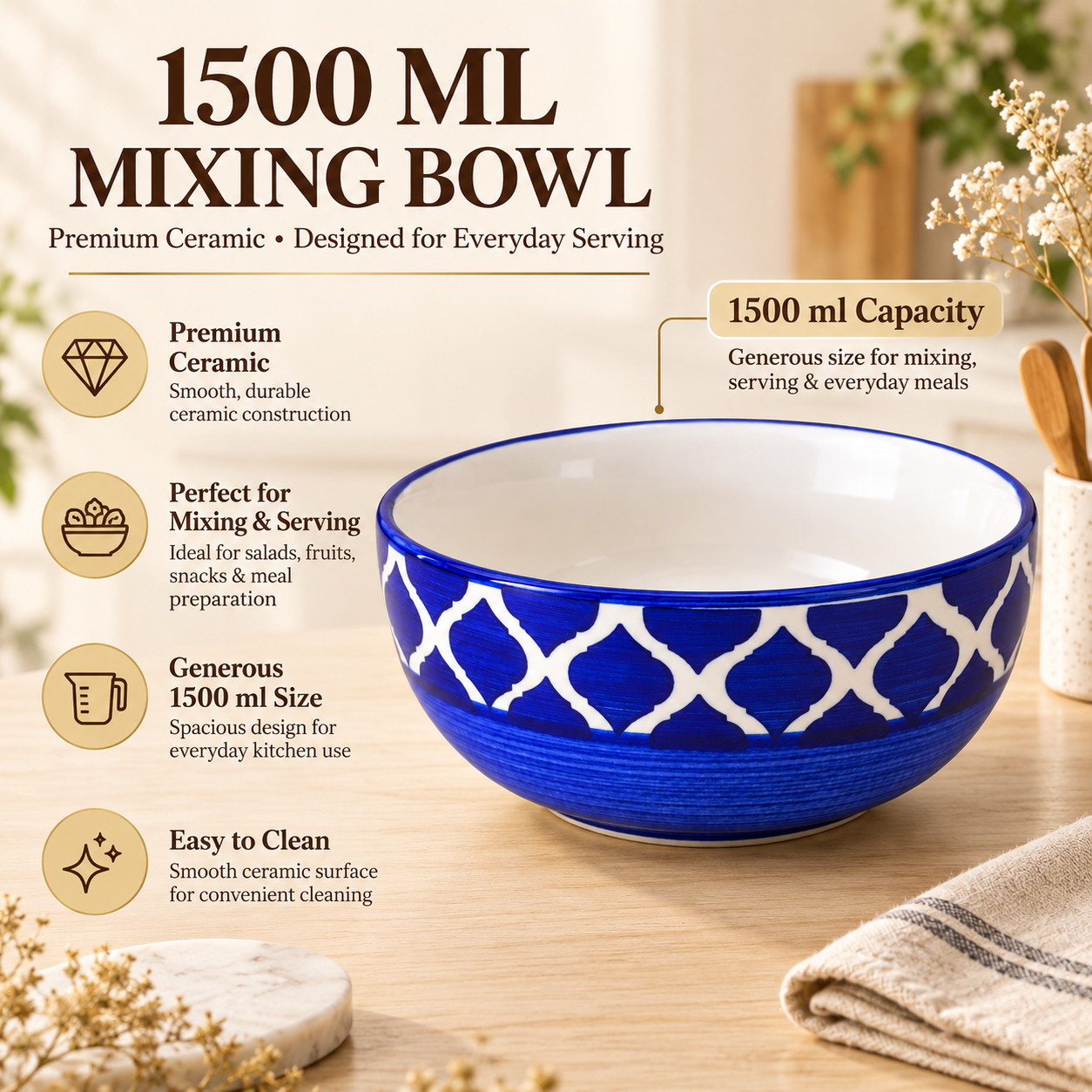 KunhaR Ceramic Serving Bowl 1500 ml, Blue Umrao | Large Ceramic Bowl for Salad, Pasta, Noodles, Fruits, Curry & Snacks | Premium Tableware Bowl for Kitchen & Dining | 1 Piece - Image 7