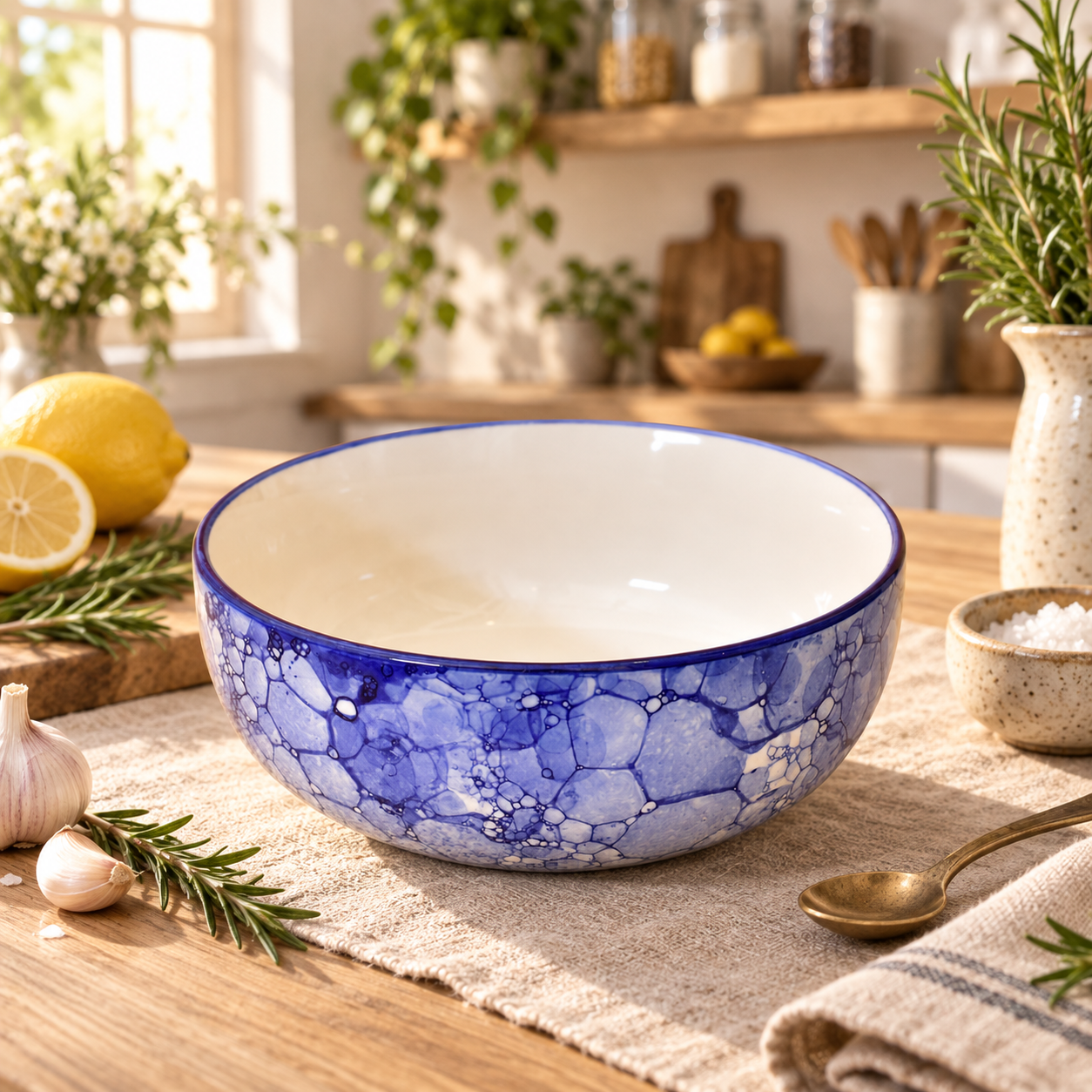 KunhaR Ceramic Serving Bowl 1500 ml, Blue Luster | Large Ceramic Bowl for Salad, Pasta, Noodles, Fruits, Curry & Snacks | Premium Tableware Bowl for Kitchen & Dining | 1 Piece