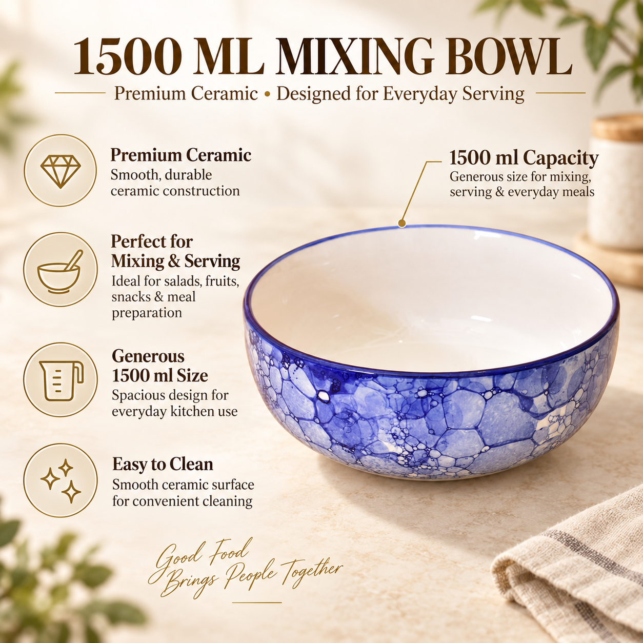 KunhaR Ceramic Serving Bowl 1500 ml, Blue Luster | Large Ceramic Bowl for Salad, Pasta, Noodles, Fruits, Curry & Snacks | Premium Tableware Bowl for Kitchen & Dining | 1 Piece - Image 7