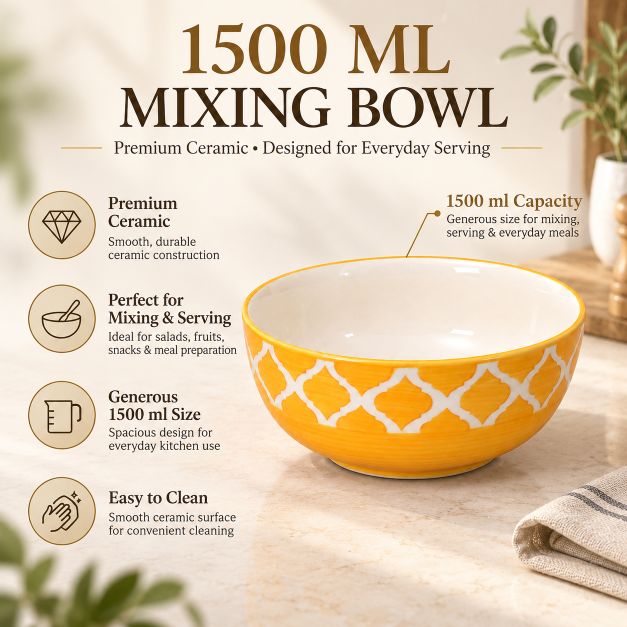 KunhaR Ceramic Serving Bowl 1500 ml, Yellow Chidi | Large Ceramic Bowl for Salad, Pasta, Noodles, Fruits, Curry & Snacks | Premium Tableware Bowl for Kitchen & Dining | 1 Piece