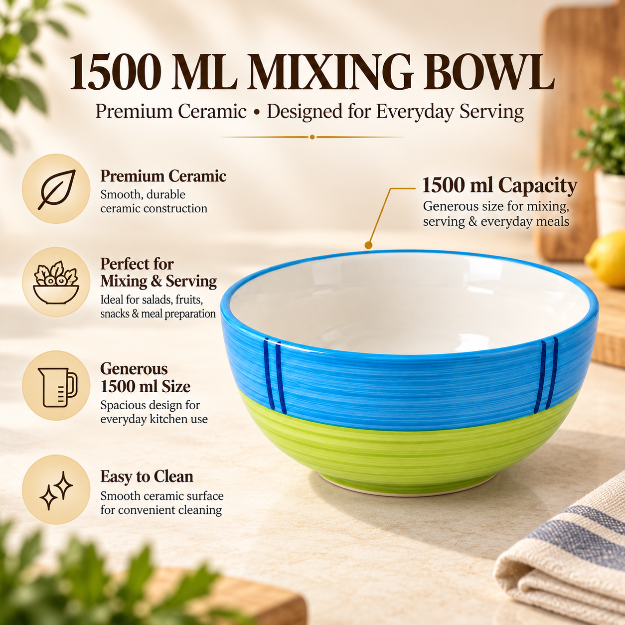 KunhaR Ceramic Serving Bowl 1500 ml, Green | Large Ceramic Bowl for Salad, Pasta, Noodles, Fruits, Curry & Snacks | Premium Tableware Bowl for Kitchen & Dining | 1 Piece - Image 7