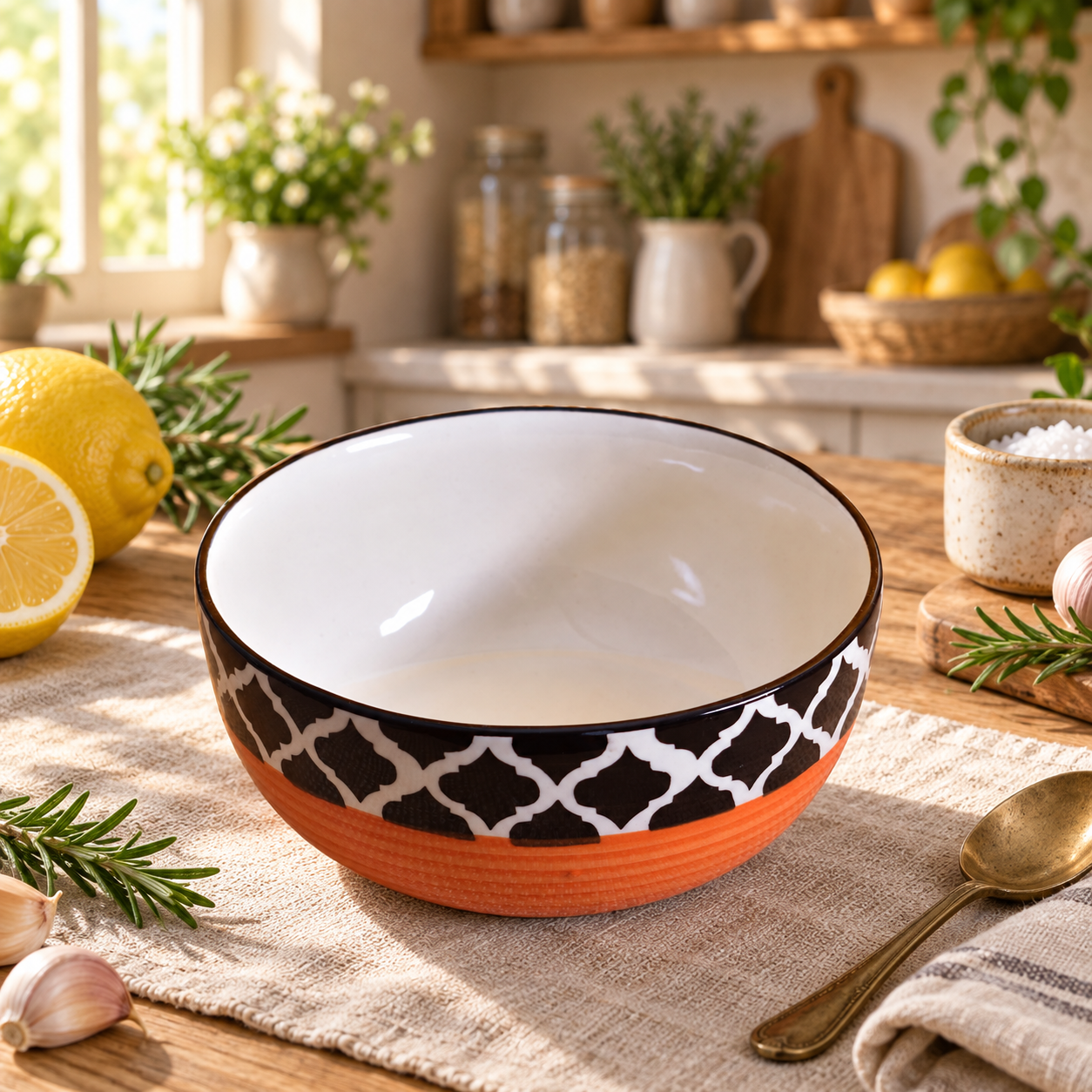 KunhaR Ceramic Serving Bowl 1500 ml, Red Chidi | Large Ceramic Bowl for Salad, Pasta, Noodles, Fruits, Curry & Snacks | Premium Tableware Bowl for Kitchen & Dining | 1 Piece