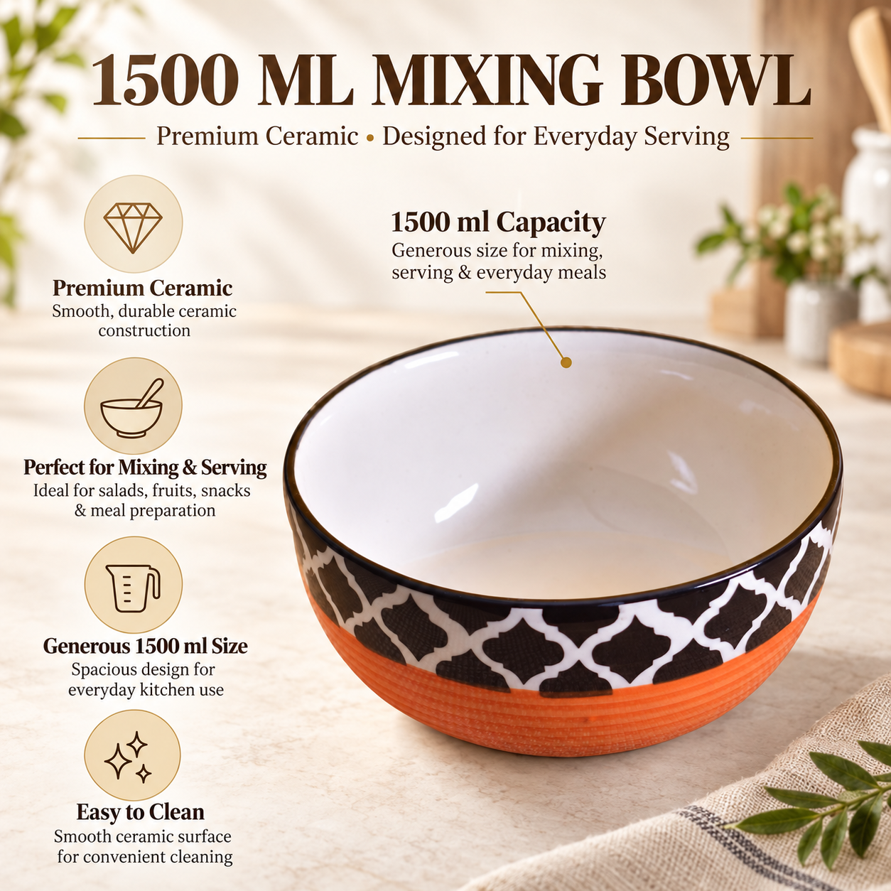 KunhaR Ceramic Serving Bowl 1500 ml, Red Chidi | Large Ceramic Bowl for Salad, Pasta, Noodles, Fruits, Curry & Snacks | Premium Tableware Bowl for Kitchen & Dining | 1 Piece - Image 6