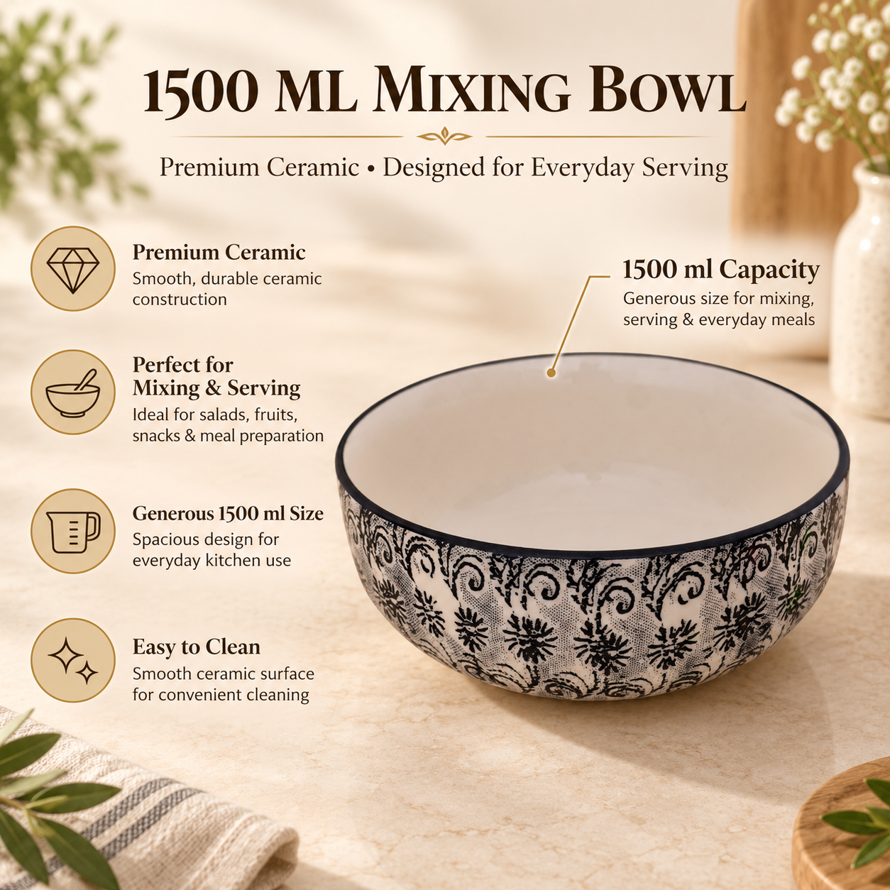 KunhaR Ceramic Serving Bowl 1500 ml, White Black | Large Ceramic Bowl for Salad, Pasta, Noodles, Fruits, Curry & Snacks | Premium Tableware Bowl for Kitchen & Dining | 1 Piece