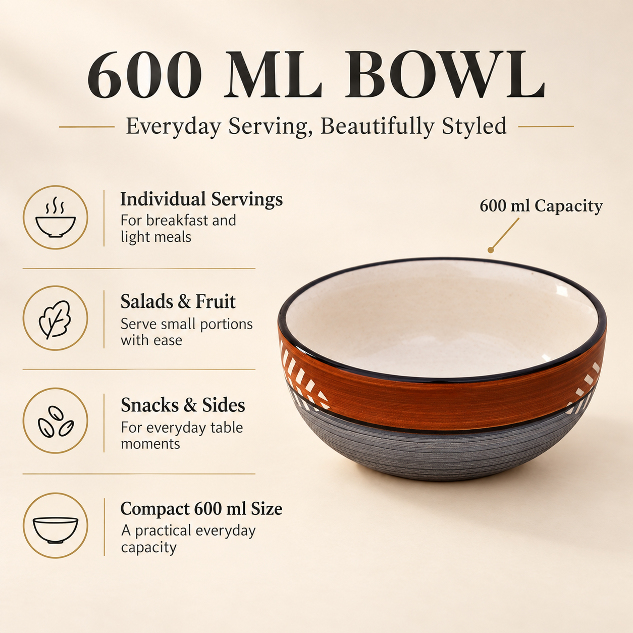 KunhaR Ceramic Serving Bowl, 600 ml, Brown Grey, Multipurpose Bowl for Mixing, Serving, Salad, Pasta & Snacks, 1 Piece - Image 7