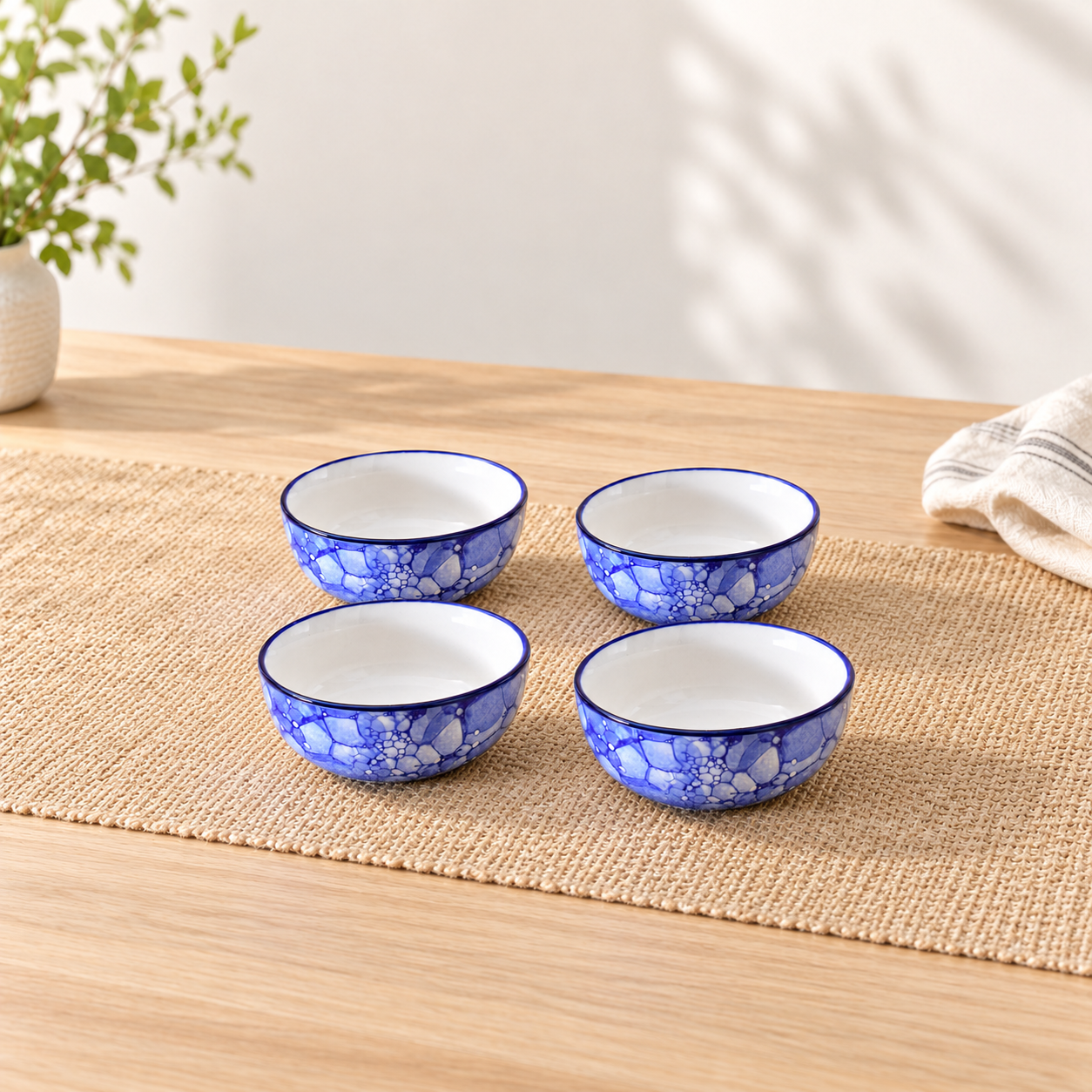 Kunhar Ceramic Hand Painted Dessert Bowls - 200 Ml, 4 Pieces, Blue Chidi