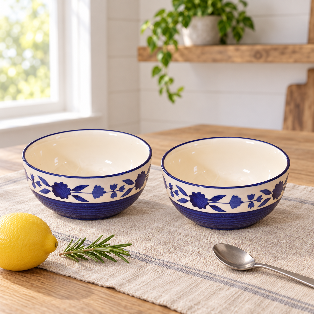 KunhaR Ceramic Serving Bowls, 400 ml Each, Set of 2, Blue Flower, Small Bowls for Soup, Rice, Curry, Snacks and Desserts