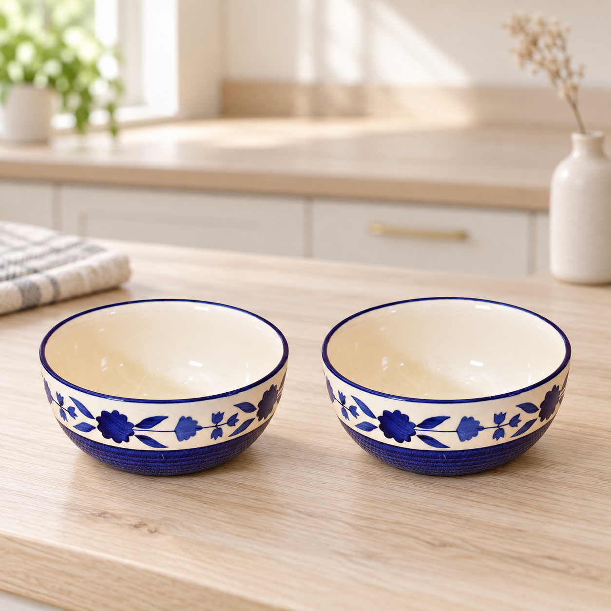 KunhaR Ceramic Serving Bowls, 400 ml Each, Set of 2, Blue Flower, Small Bowls for Soup, Rice, Curry, Snacks and Desserts