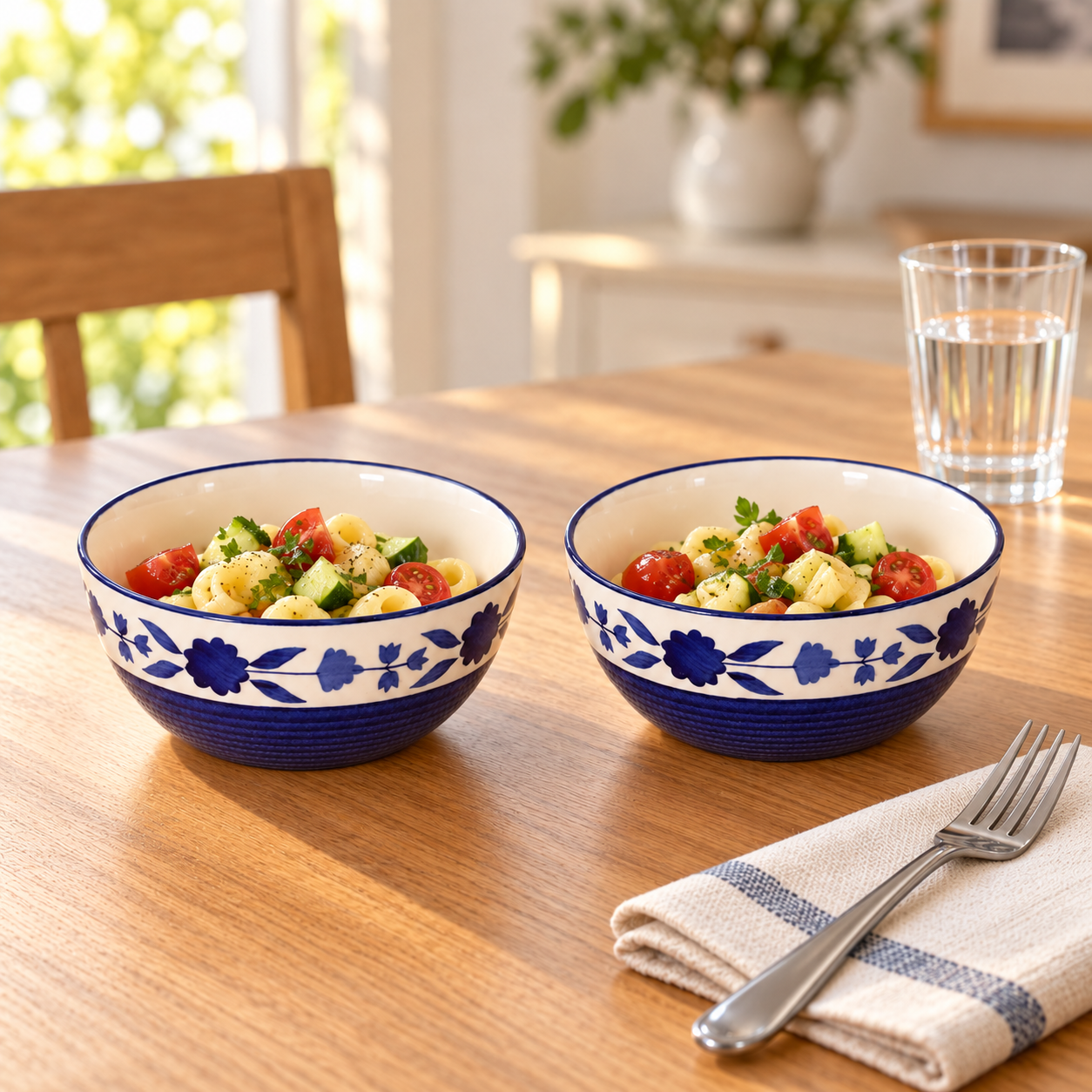KunhaR Ceramic Serving Bowls, 400 ml Each, Set of 2, Blue Flower, Small Bowls for Soup, Rice, Curry, Snacks and Desserts