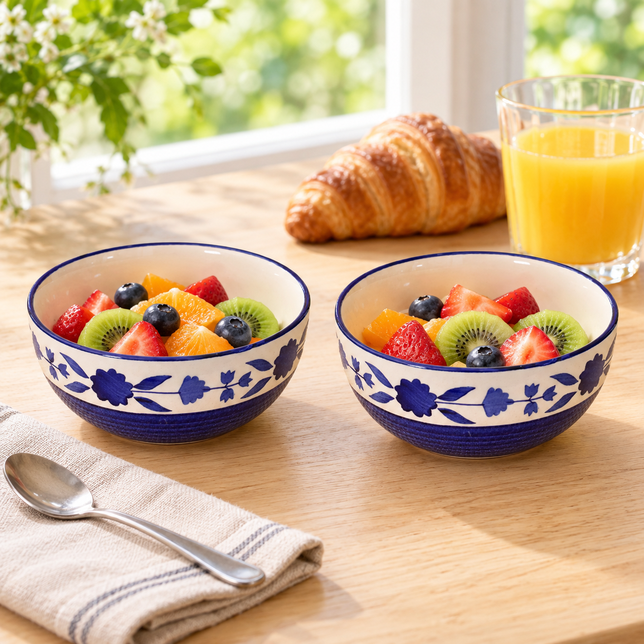 KunhaR Ceramic Serving Bowls, 400 ml Each, Set of 2, Blue Flower, Small Bowls for Soup, Rice, Curry, Snacks and Desserts