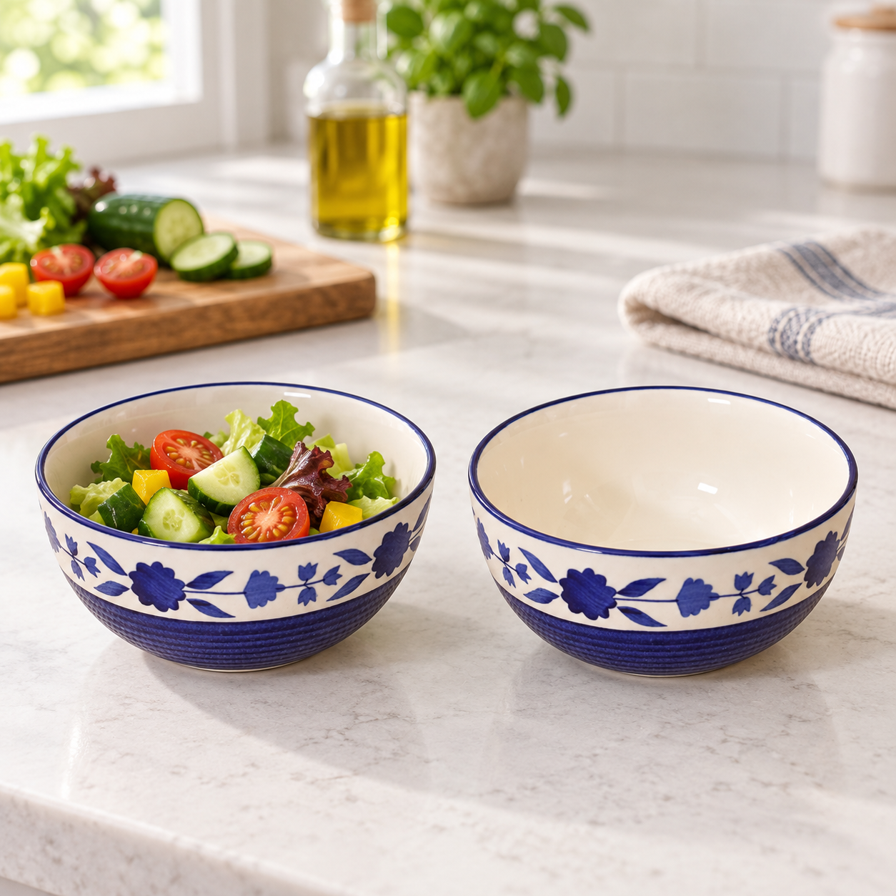KunhaR Ceramic Serving Bowls, 400 ml Each, Set of 2, Blue Flower, Small Bowls for Soup, Rice, Curry, Snacks and Desserts