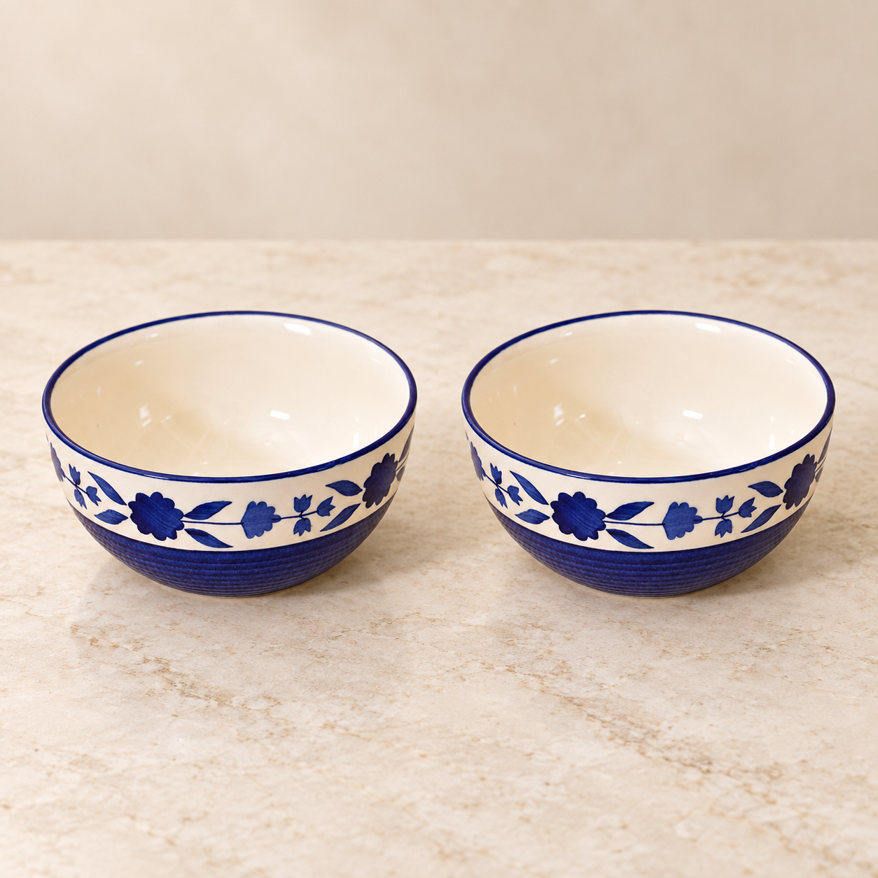 KunhaR Ceramic Serving Bowls, 400 ml Each, Set of 2, Blue Flower, Small Bowls for Soup, Rice, Curry, Snacks and Desserts