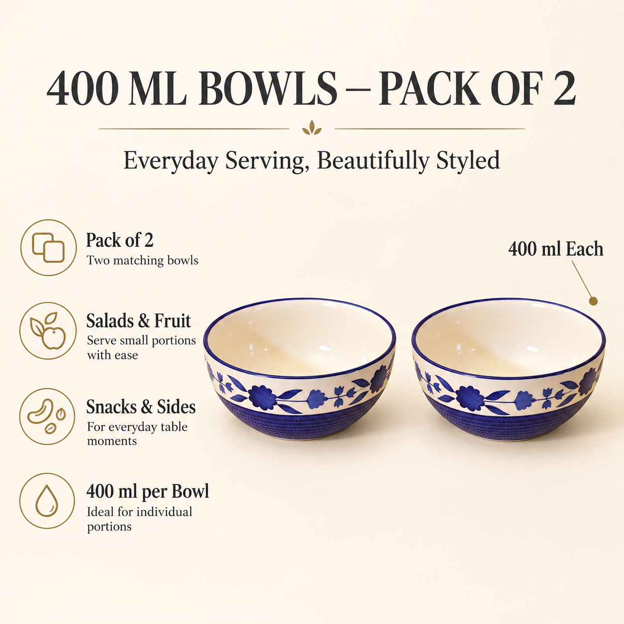 KunhaR Ceramic Serving Bowls, 400 ml Each, Set of 2, Blue Flower, Small Bowls for Soup, Rice, Curry, Snacks and Desserts
