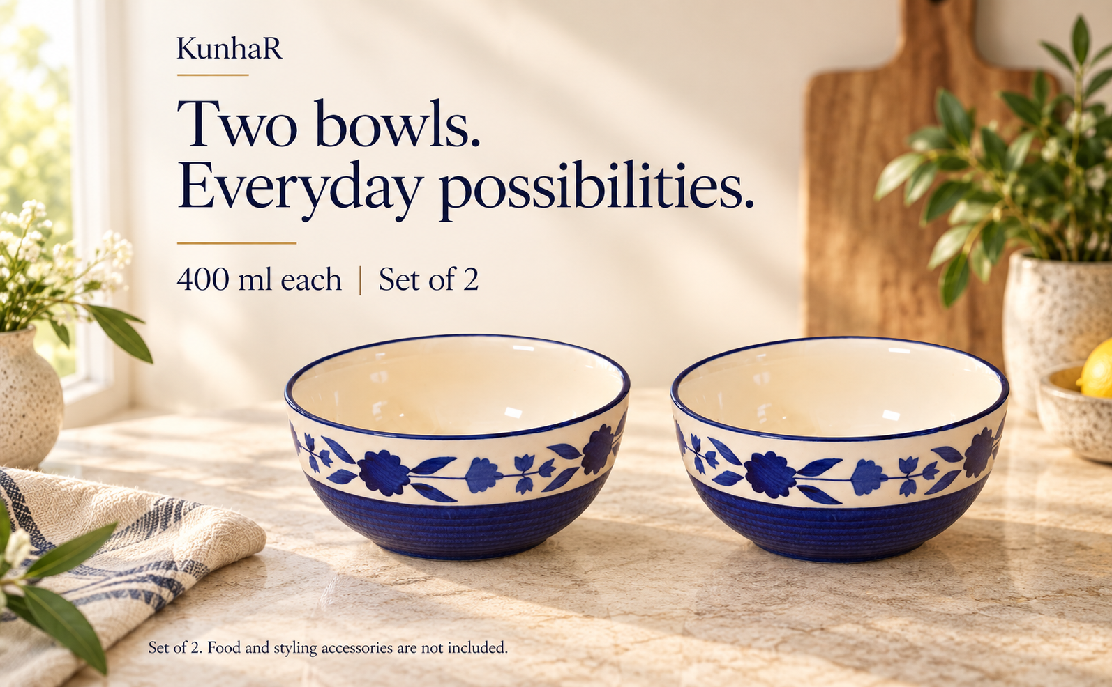 KunhaR Ceramic Serving Bowls, 400 ml Each, Set of 2, Blue Flower, Small Bowls for Soup, Rice, Curry, Snacks and Desserts — hero