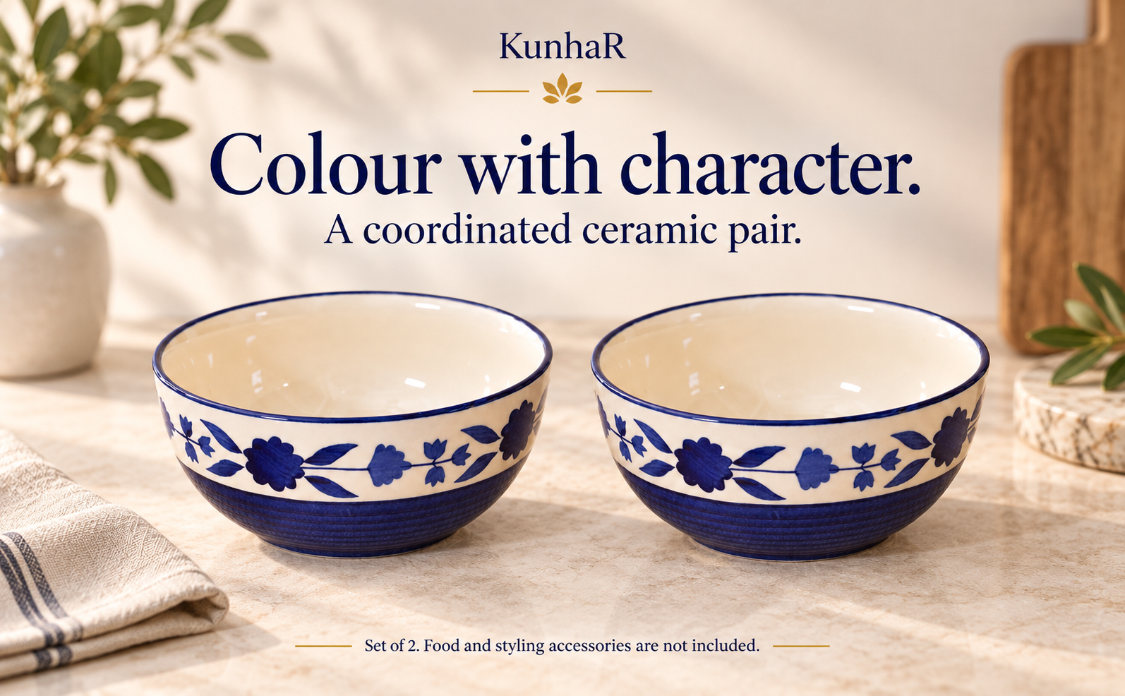 KunhaR Ceramic Serving Bowls, 400 ml Each, Set of 2, Blue Flower, Small Bowls for Soup, Rice, Curry, Snacks and Desserts — finish