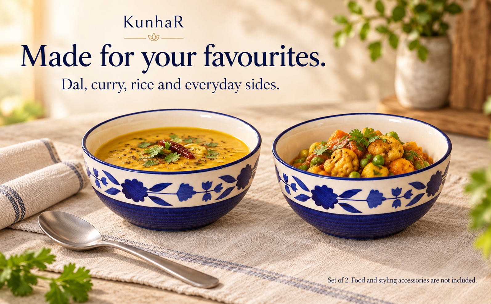 KunhaR Ceramic Serving Bowls, 400 ml Each, Set of 2, Blue Flower, Small Bowls for Soup, Rice, Curry, Snacks and Desserts — serve