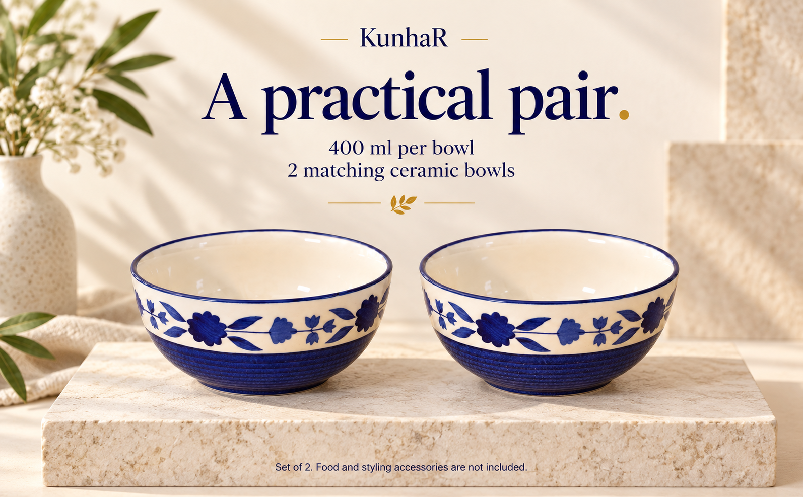 KunhaR Ceramic Serving Bowls, 400 ml Each, Set of 2, Blue Flower, Small Bowls for Soup, Rice, Curry, Snacks and Desserts — capacity