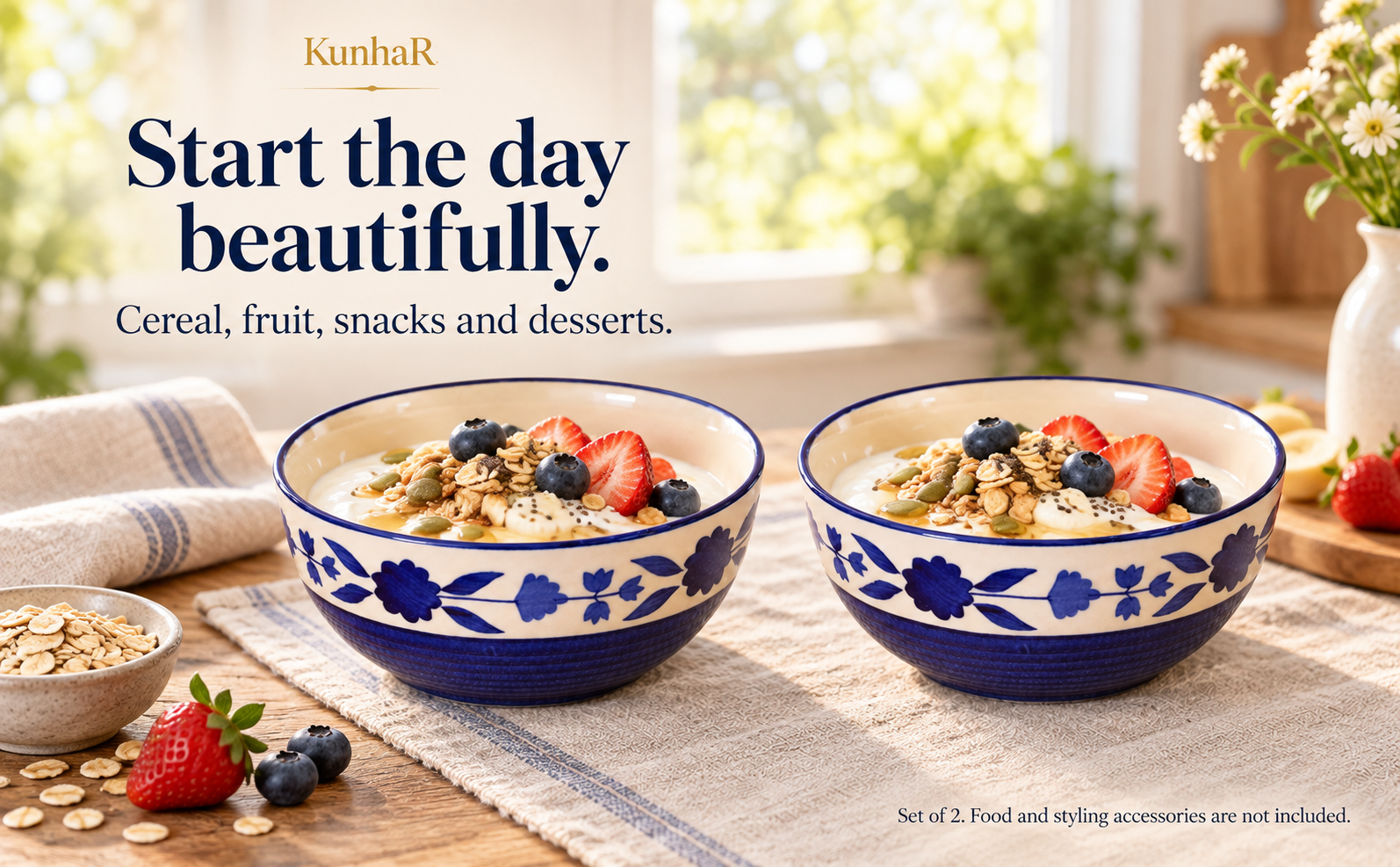 KunhaR Ceramic Serving Bowls, 400 ml Each, Set of 2, Blue Flower, Small Bowls for Soup, Rice, Curry, Snacks and Desserts — breakfast