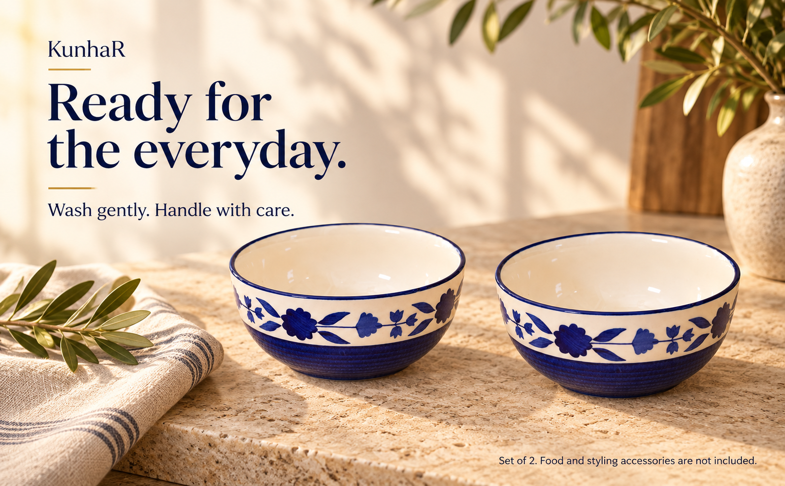 KunhaR Ceramic Serving Bowls, 400 ml Each, Set of 2, Blue Flower, Small Bowls for Soup, Rice, Curry, Snacks and Desserts — care