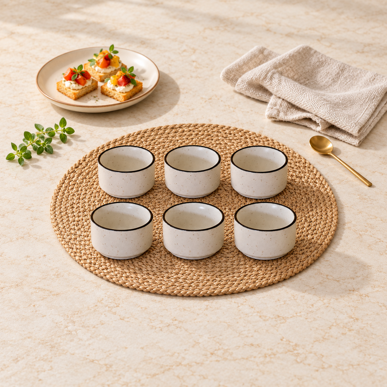 Kunhar Ceramic Sauce Holder - 56 ML, 6 Pieces, White Matt Black Border