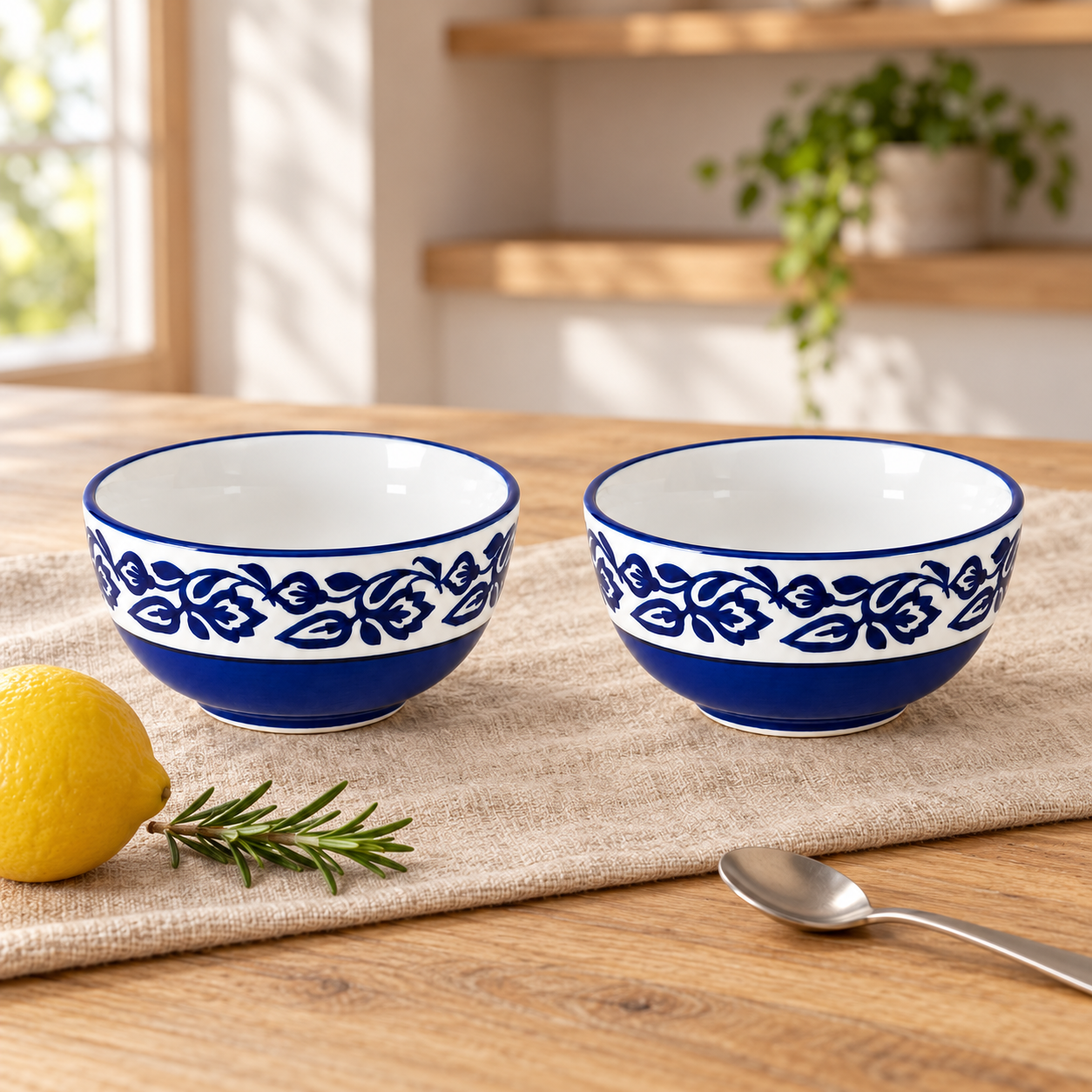 KunhaR Ceramic Serving Bowls, 400 ml Each, Set of 2, Blue Vine, Small Bowls for Soup, Rice, Curry, Snacks and Desserts