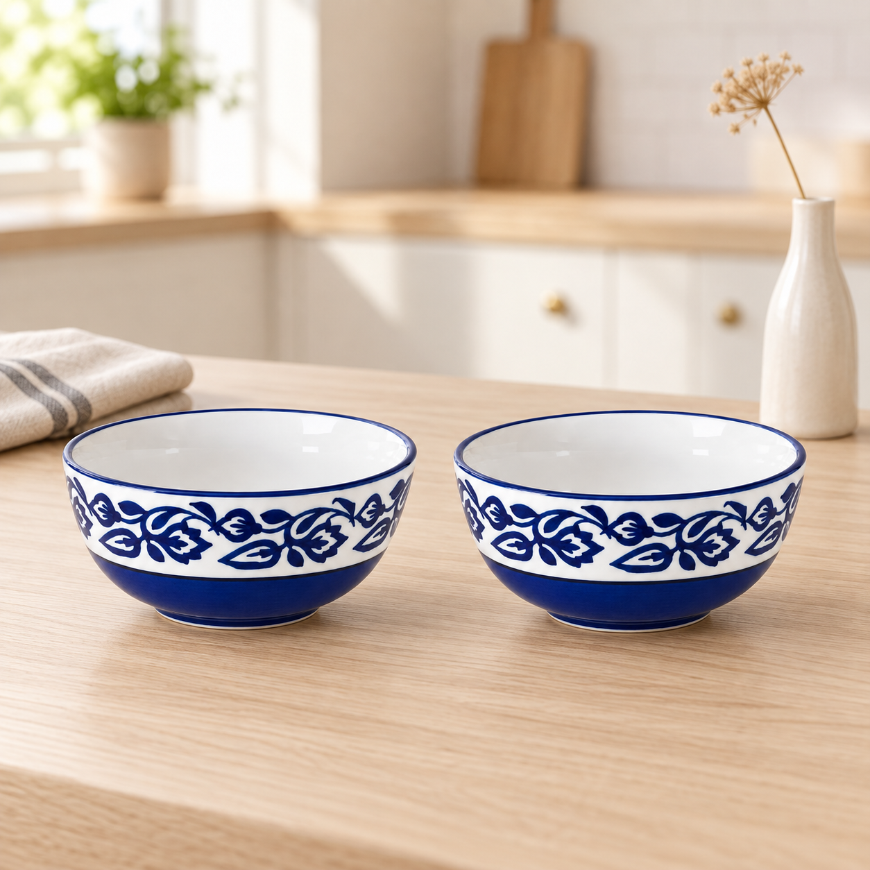 KunhaR Ceramic Serving Bowls, 400 ml Each, Set of 2, Blue Vine, Small Bowls for Soup, Rice, Curry, Snacks and Desserts - Image 2