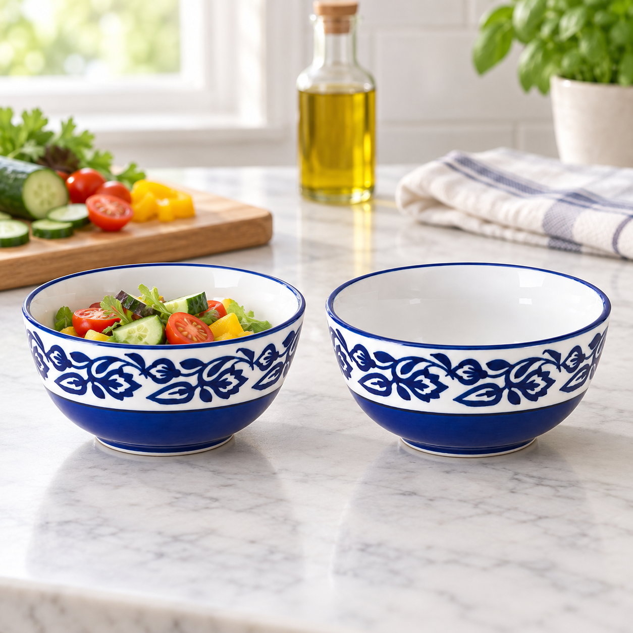 KunhaR Ceramic Serving Bowls, 400 ml Each, Set of 2, Blue Vine, Small Bowls for Soup, Rice, Curry, Snacks and Desserts - Image 4