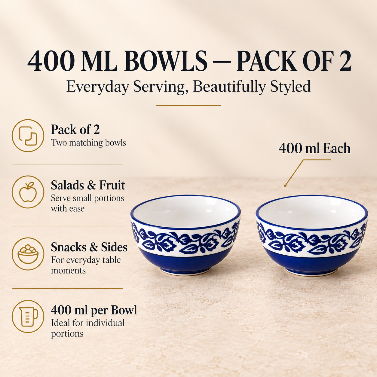 KunhaR Ceramic Serving Bowls, 400 ml Each, Set of 2, Blue Vine, Small Bowls for Soup, Rice, Curry, Snacks and Desserts - Image 7