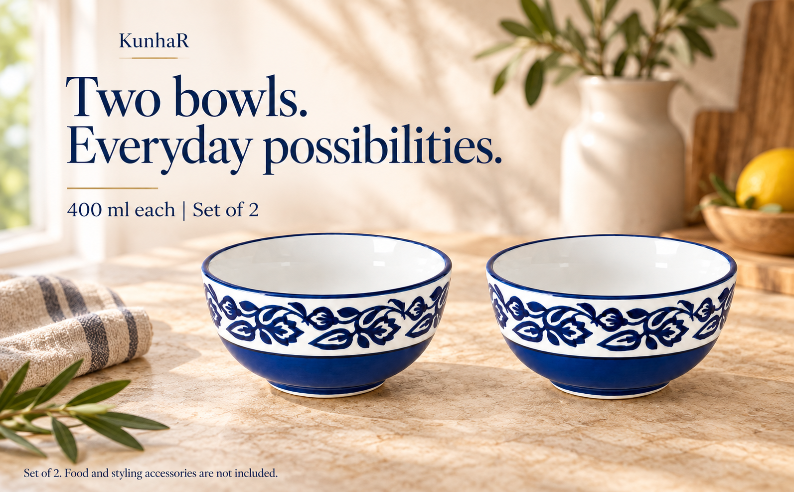 KunhaR Ceramic Serving Bowls, 400 ml Each, Set of 2, Blue Vine, Small Bowls for Soup, Rice, Curry, Snacks and Desserts — hero