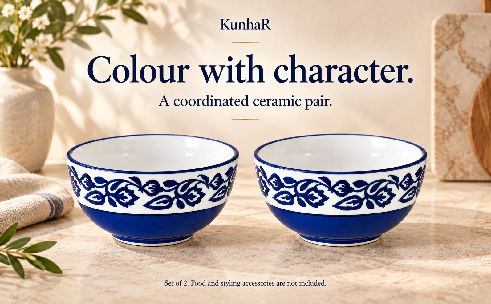 KunhaR Ceramic Serving Bowls, 400 ml Each, Set of 2, Blue Vine, Small Bowls for Soup, Rice, Curry, Snacks and Desserts — finish