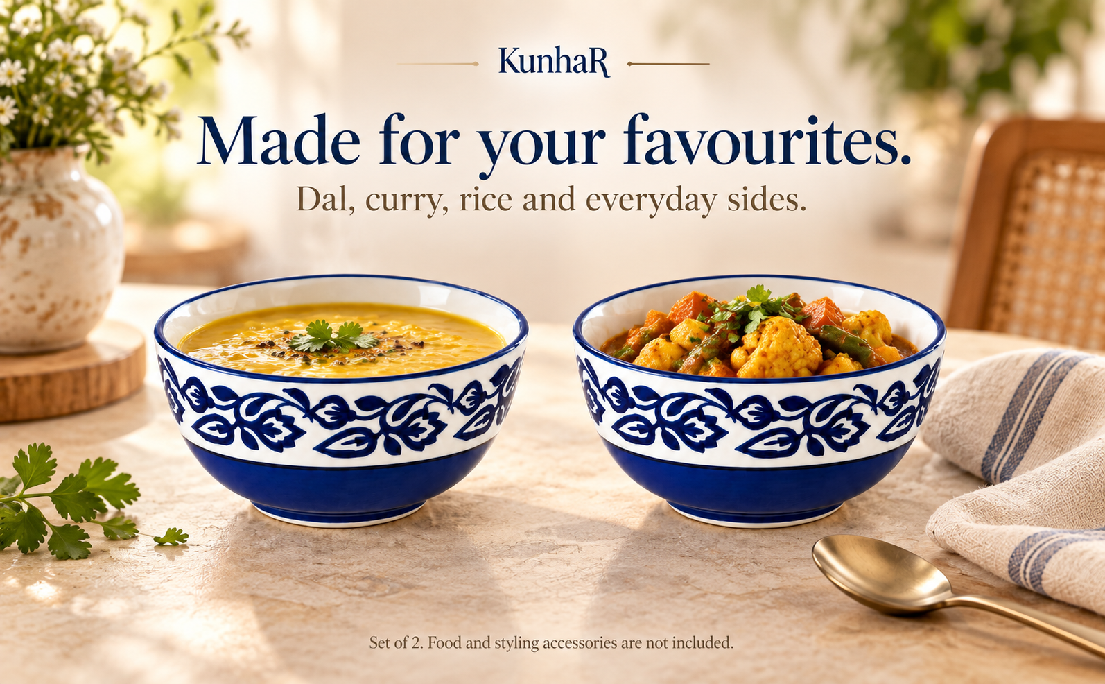 KunhaR Ceramic Serving Bowls, 400 ml Each, Set of 2, Blue Vine, Small Bowls for Soup, Rice, Curry, Snacks and Desserts — serve