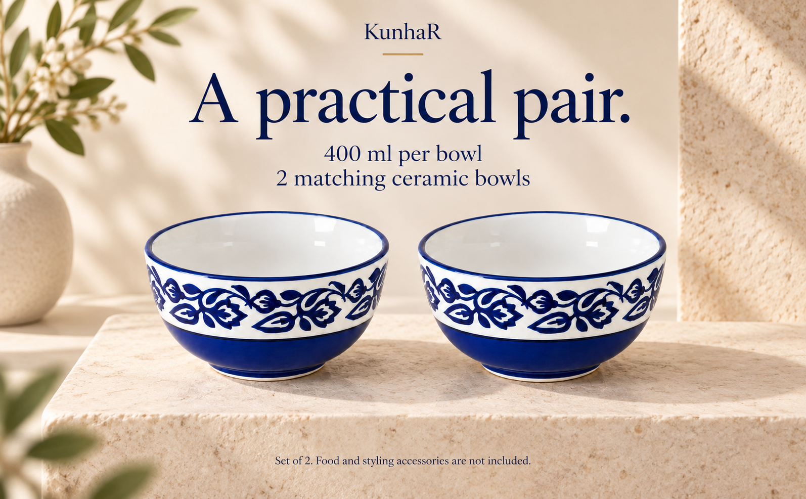 KunhaR Ceramic Serving Bowls, 400 ml Each, Set of 2, Blue Vine, Small Bowls for Soup, Rice, Curry, Snacks and Desserts — capacity