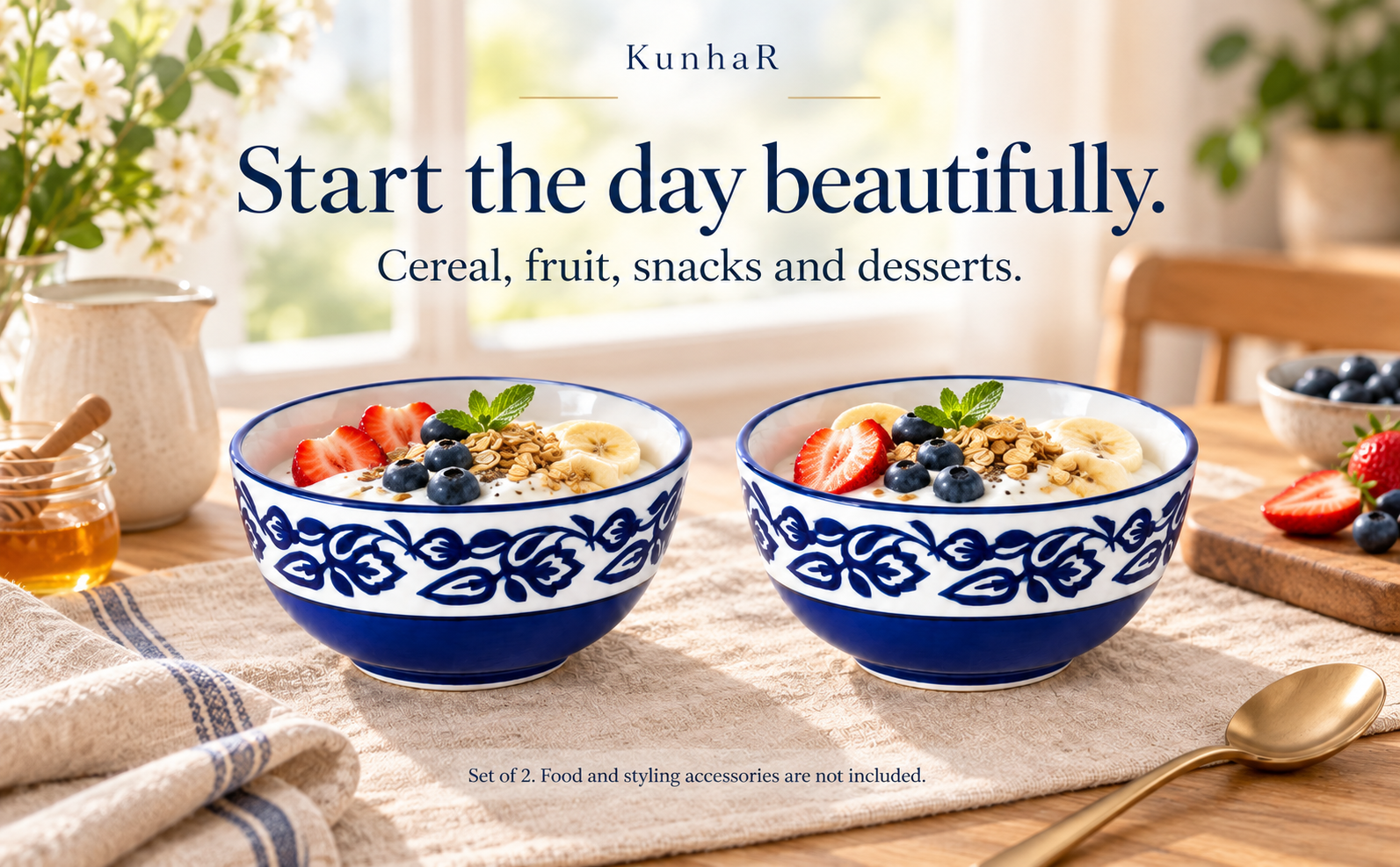 KunhaR Ceramic Serving Bowls, 400 ml Each, Set of 2, Blue Vine, Small Bowls for Soup, Rice, Curry, Snacks and Desserts — breakfast