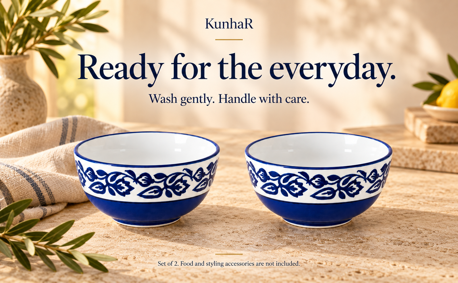 KunhaR Ceramic Serving Bowls, 400 ml Each, Set of 2, Blue Vine, Small Bowls for Soup, Rice, Curry, Snacks and Desserts — care