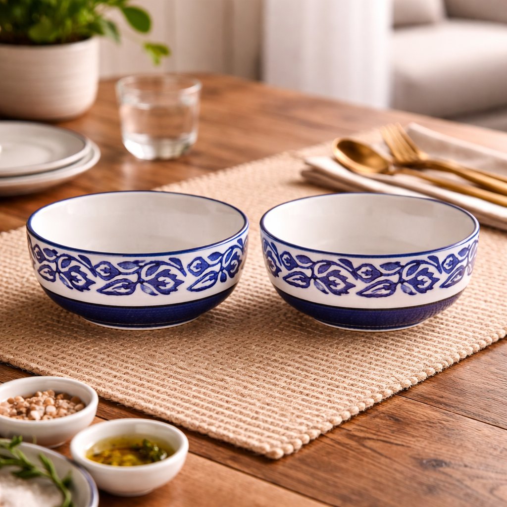 Kunhar Ceramic Serving Bowls (Blue Vine, 400 ml) - 2 Pieces