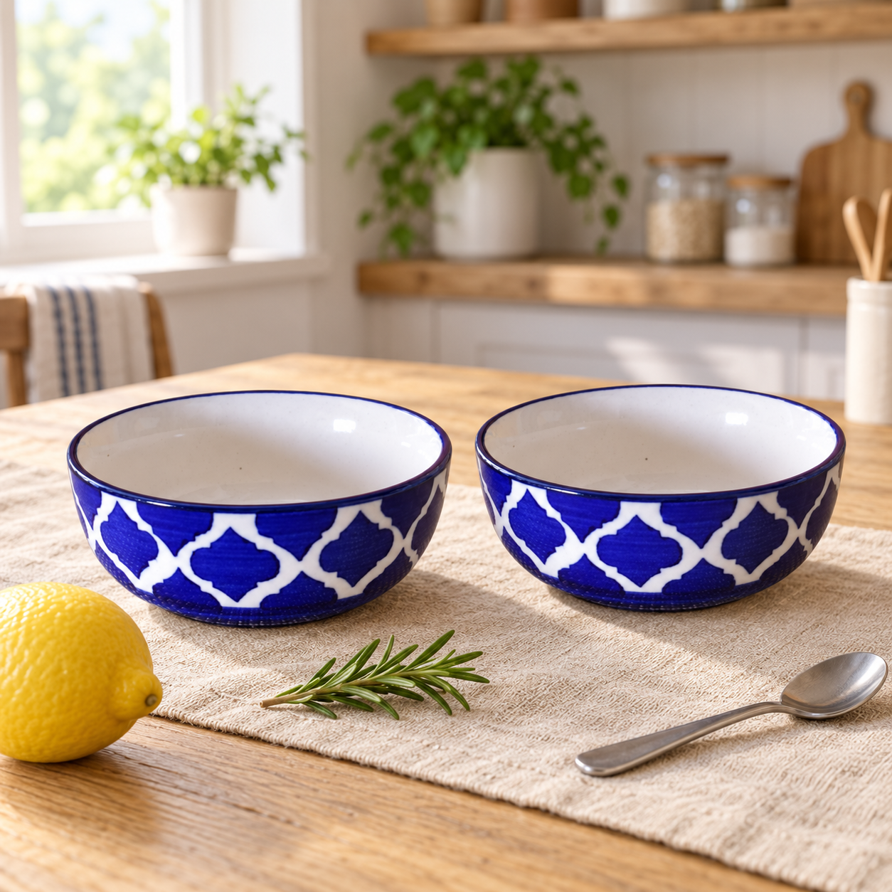 KunhaR Ceramic Serving Bowls, 400 ml Each, Set of 2, Blue Umrao, Small Bowls for Soup, Rice, Curry, Snacks and Desserts