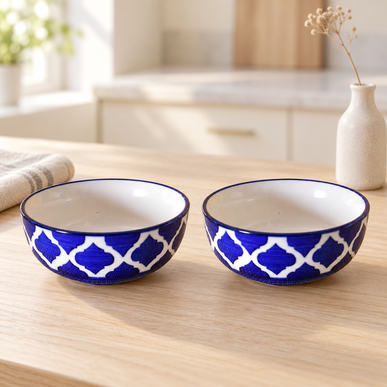 KunhaR Ceramic Serving Bowls, 400 ml Each, Set of 2, Blue Umrao, Small Bowls for Soup, Rice, Curry, Snacks and Desserts
